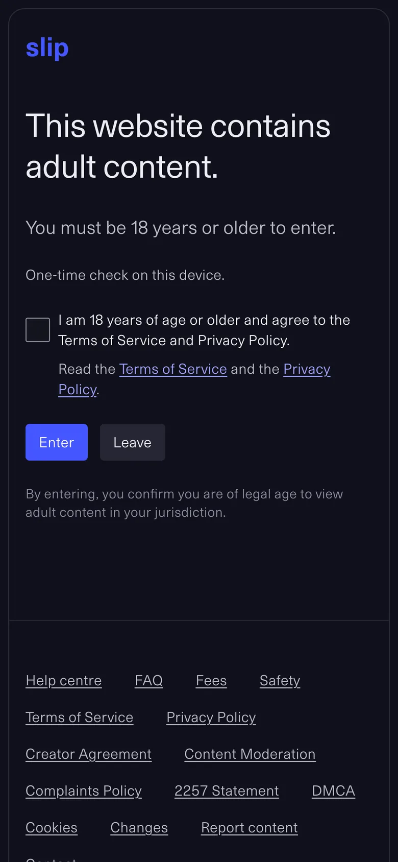 The age check on a phone: This website contains adult content. You must be 18 years or older to enter. A checkbox to confirm, then Enter or Leave.