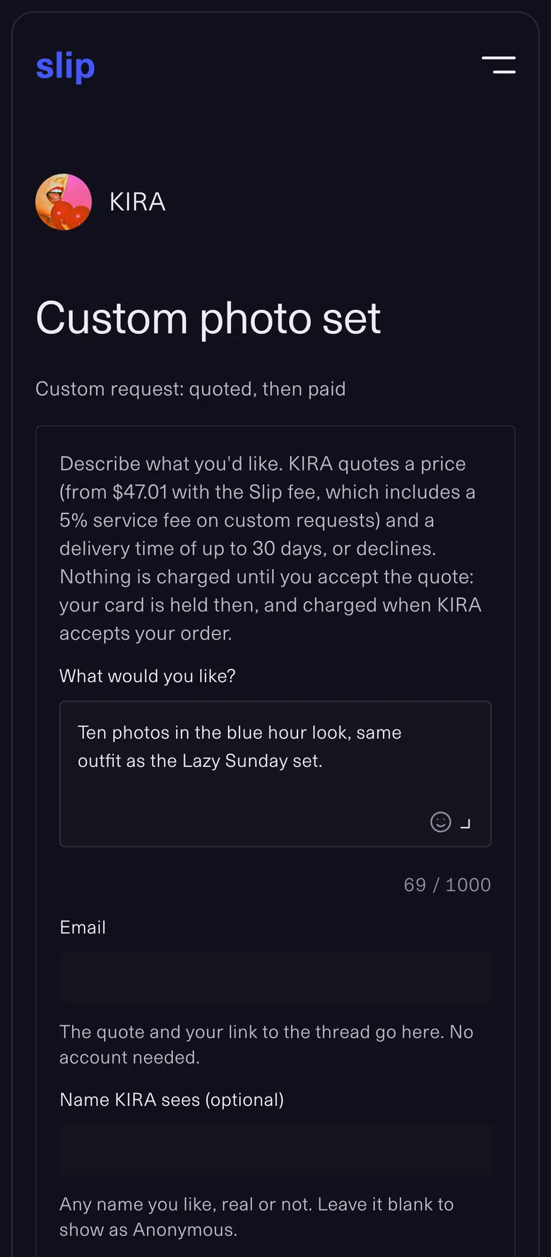 Ask for a custom on a phone: a custom photo set from $47.01 with the Slip fee and its 5% service fee, nothing charged until the fan accepts the quote; the request form with what the fan would like, their email and the name KIRA sees.