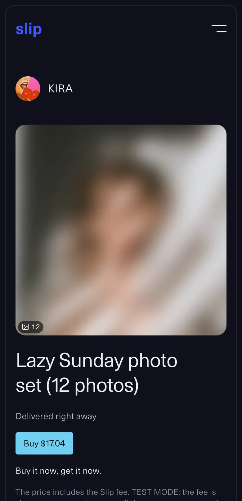 A set's own page on a phone: KIRA's Lazy Sunday photo set, 12 photos, delivered right away, with a Buy $17.04 button.