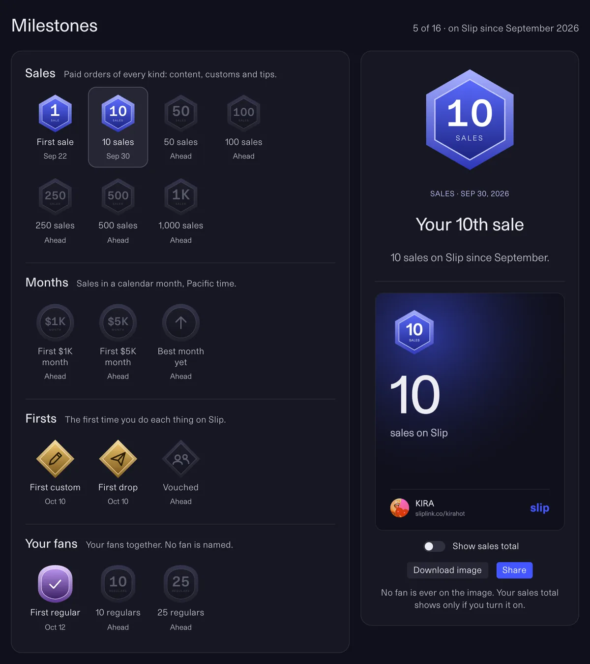 KIRA's Milestones, 5 of 16: first sale and 10 sales, first custom, first drop and first regular earned, the rest ahead; Your 10th sale picked, with its share image, Download image and Share.