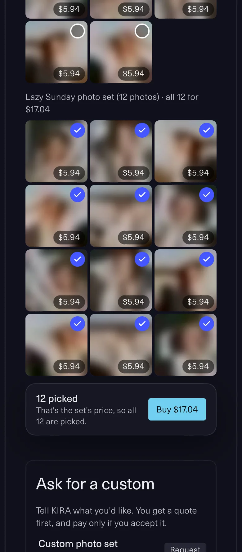 Pick singles on a phone: blurred previews at $5.94 a photo; three Lazy Sunday photos picked reach the set's price, so all 12 are picked, and the bar says 12 picked, That's the set's price, so all 12 are picked, Buy $17.04.