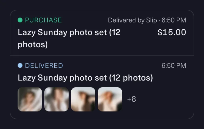 One sale in KIRA's conversation with a fan, as one receipt: Purchase, Delivered by Slip, 6:50 PM, Lazy Sunday photo set (12 photos), $15.00; then Delivered, the set with four thumbnails and +8.