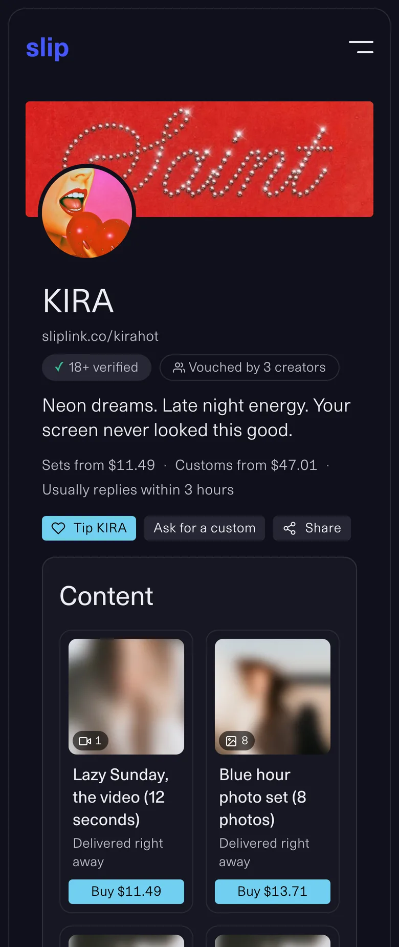 KIRA's Slip link on a phone: her banner and photo, an 18+ verified mark, Vouched by 3 creators, her bio, sets from $11.49 and customs from $47.01, usually replies within 3 hours, Tip KIRA, Ask for a custom and Share, and her sets with their covers and Buy buttons.
